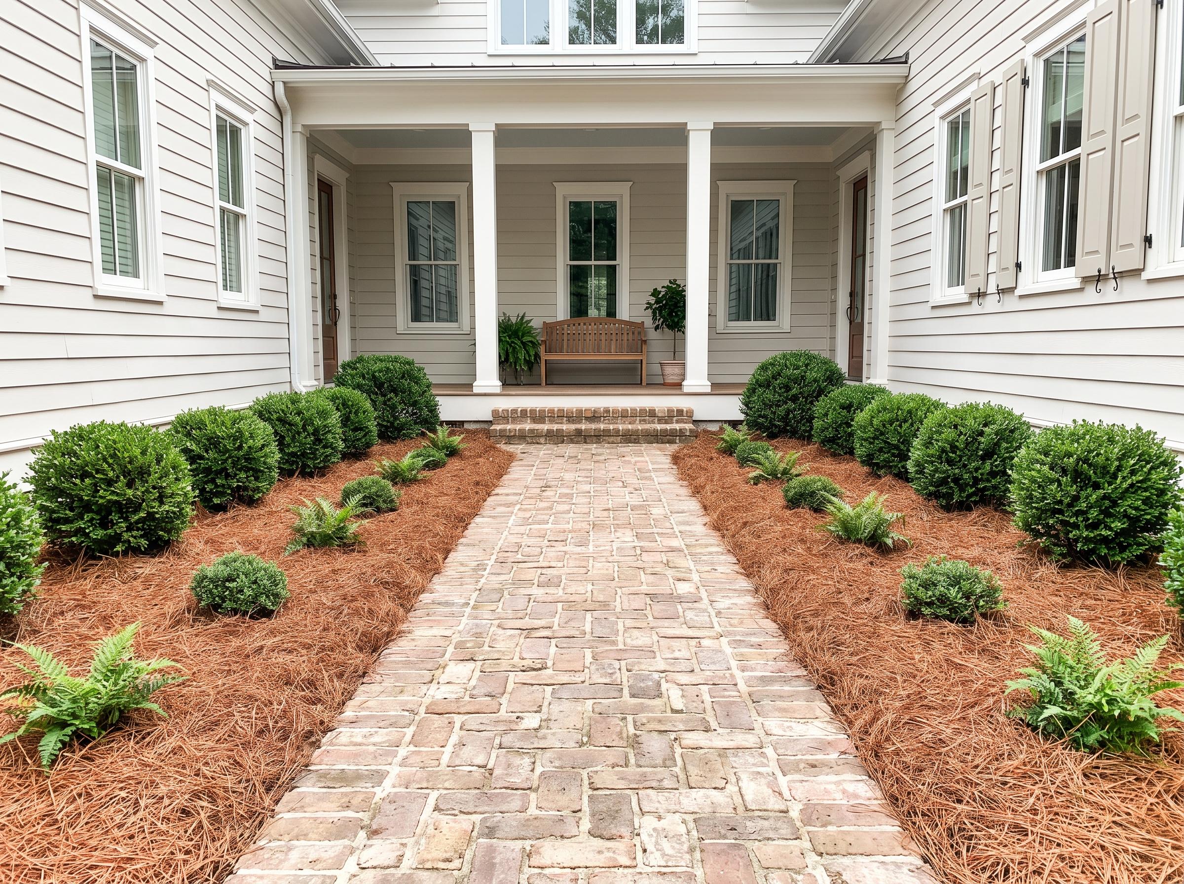 A front walkway lined with fresh pine straw beds leading to a covered porch